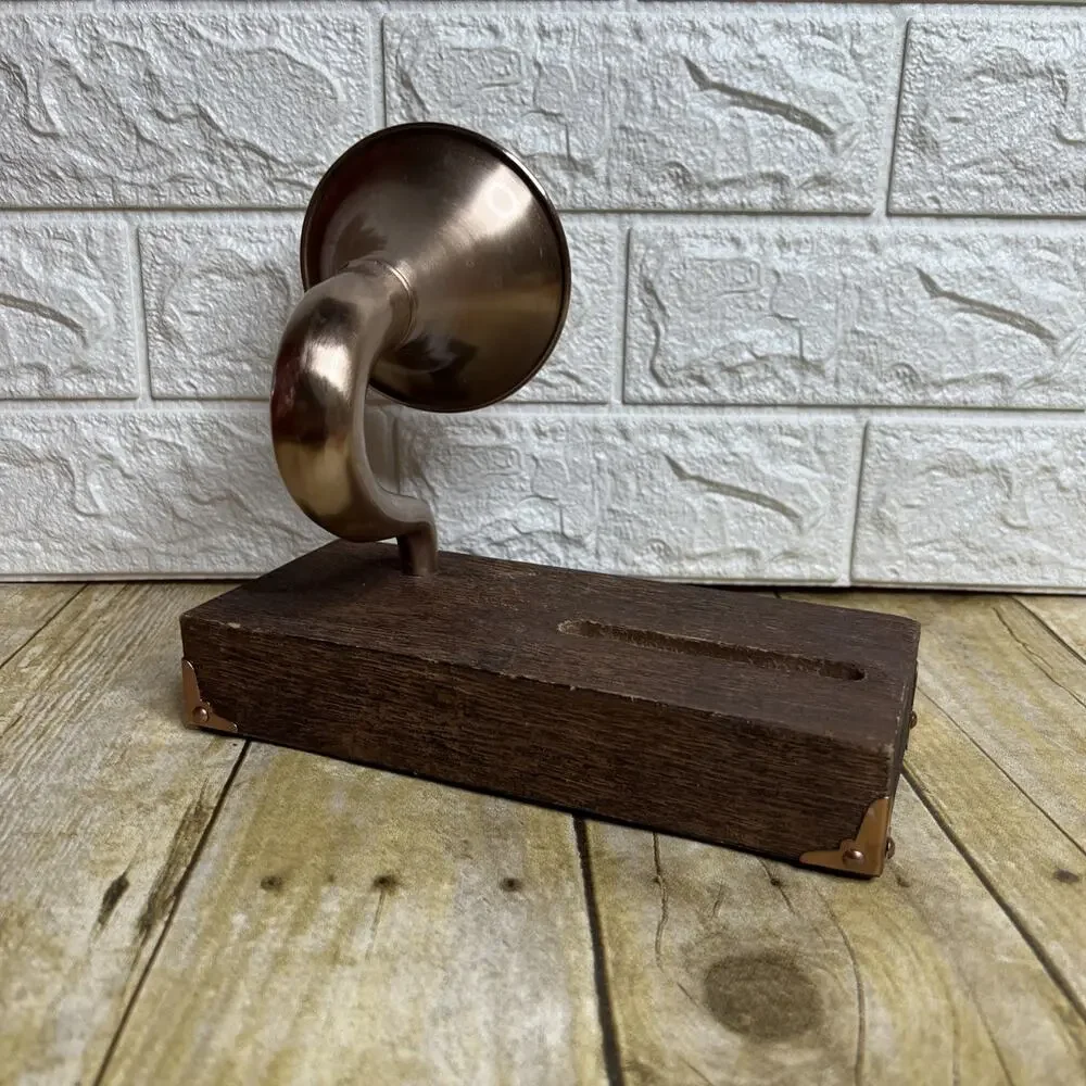 Wooden Smartphone Dock with Vintage Sound Amplifier, Brass Corners